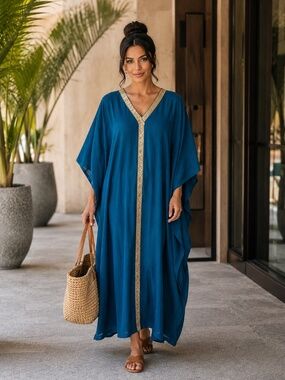 NAINA Teal & Gold Mixed Cotton Embroidered Kaftan by Subhai Apparel